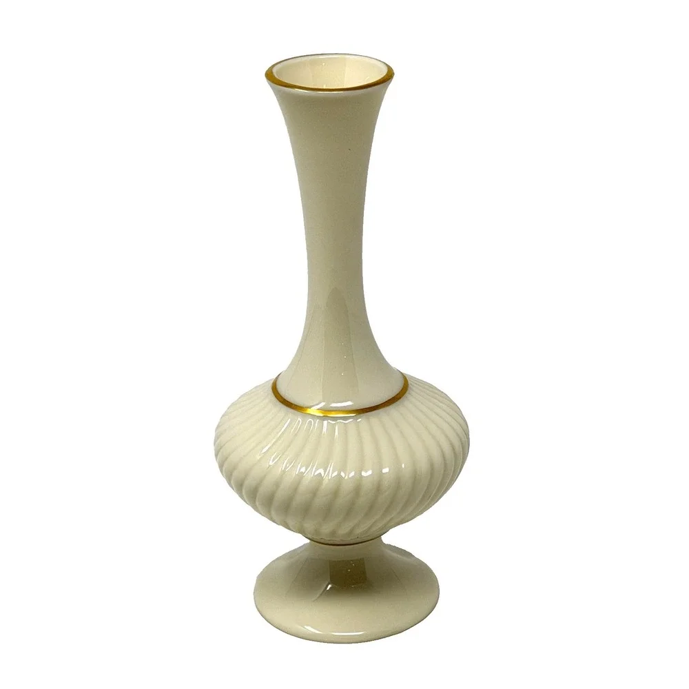Lenox Savoy Bud Vase Ribbed Ivory Gold‎ Trim USA 7 Inch